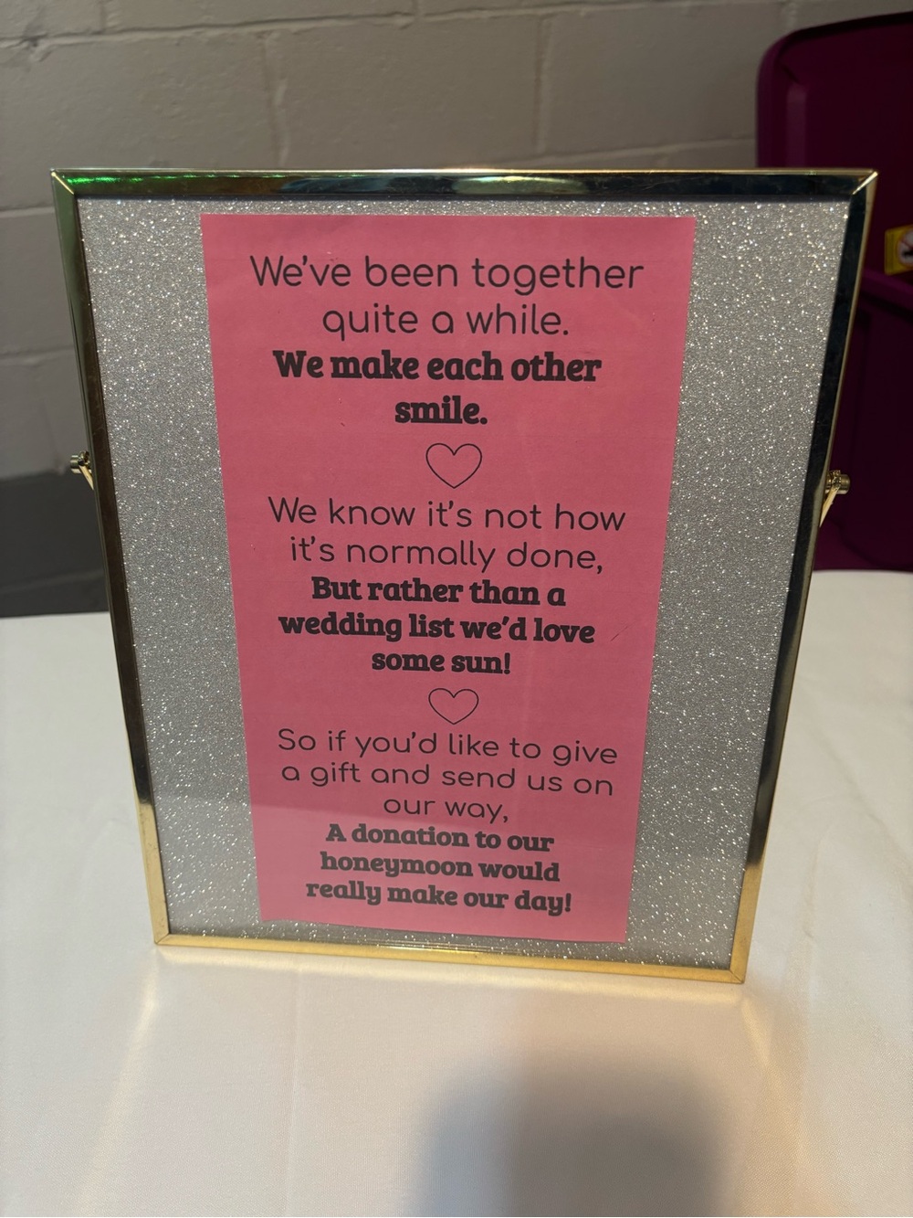 Gold Picture Stand with Glitter background with Pink Insert.